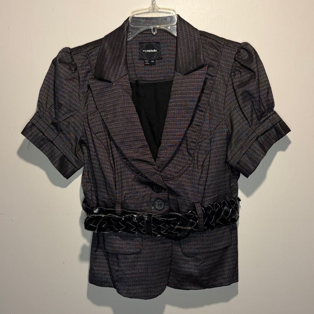 My Michelle Vintage Y2K Dark Grey Patterned Short Sleeve Blazer Chunky Belt M